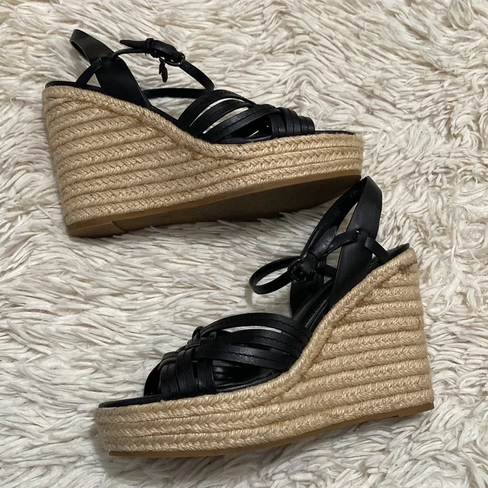 Coach Dottie Black Wedge Espadrille Charms Semi Matte Calf Sz 8 Summer Coquette